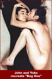 John and Yoko from the cover of Rolling Stone: in this Annie Leibovitz photo, they recreate John's famous art piece from 1969, Bag One.